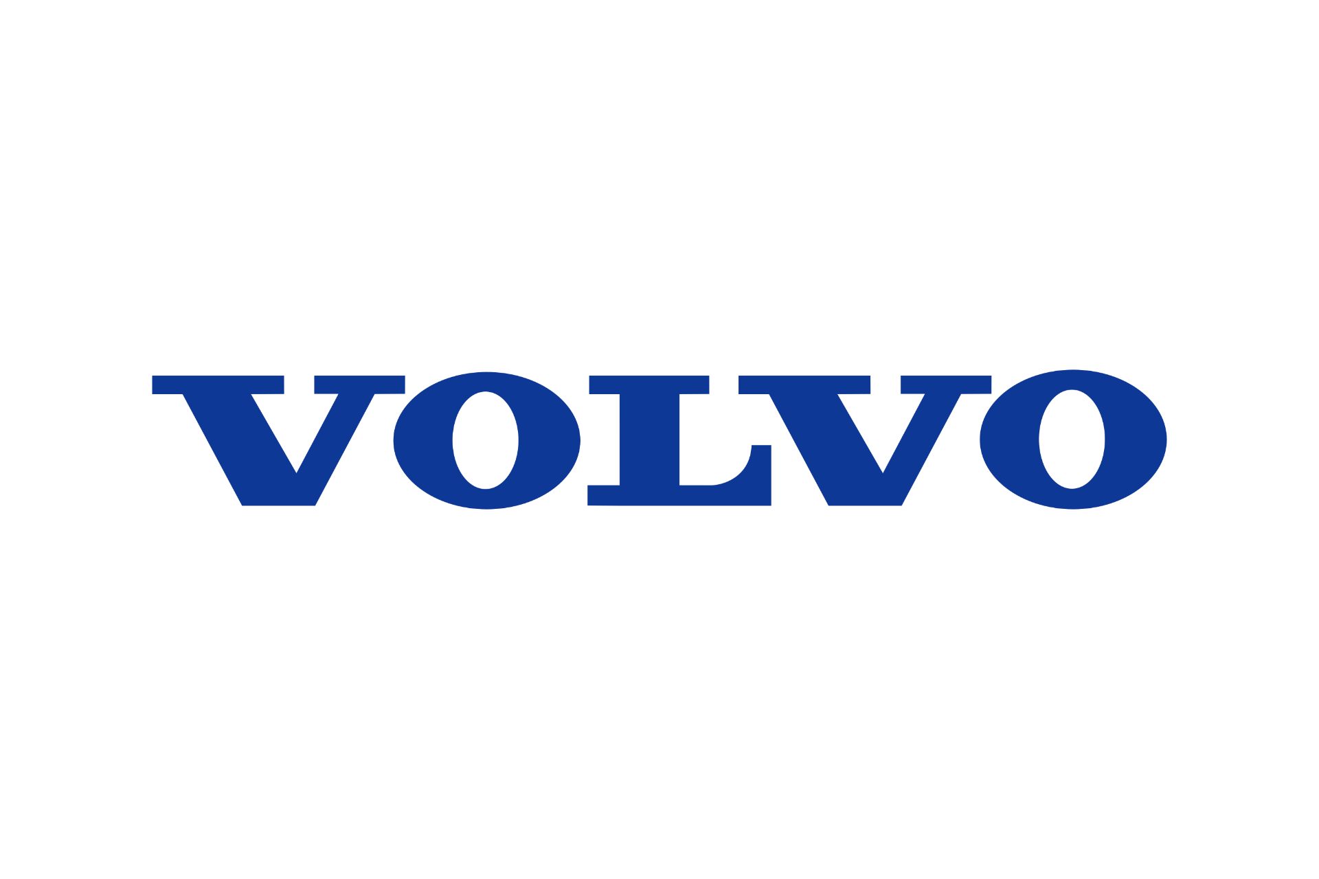 Volvo märkets namn i blått med svart bakgrund.