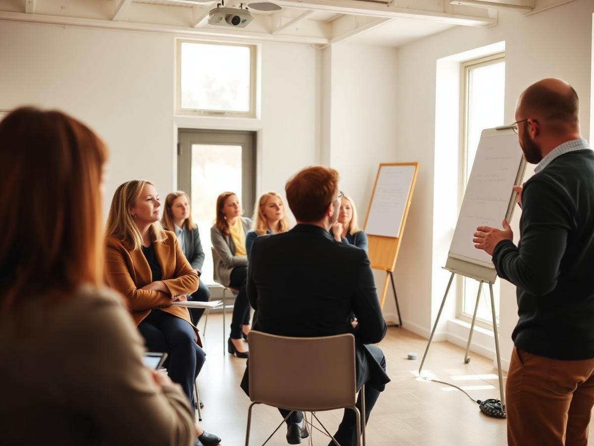 Man presenting with flip chart to seated attentive group of people in bright meeting room.