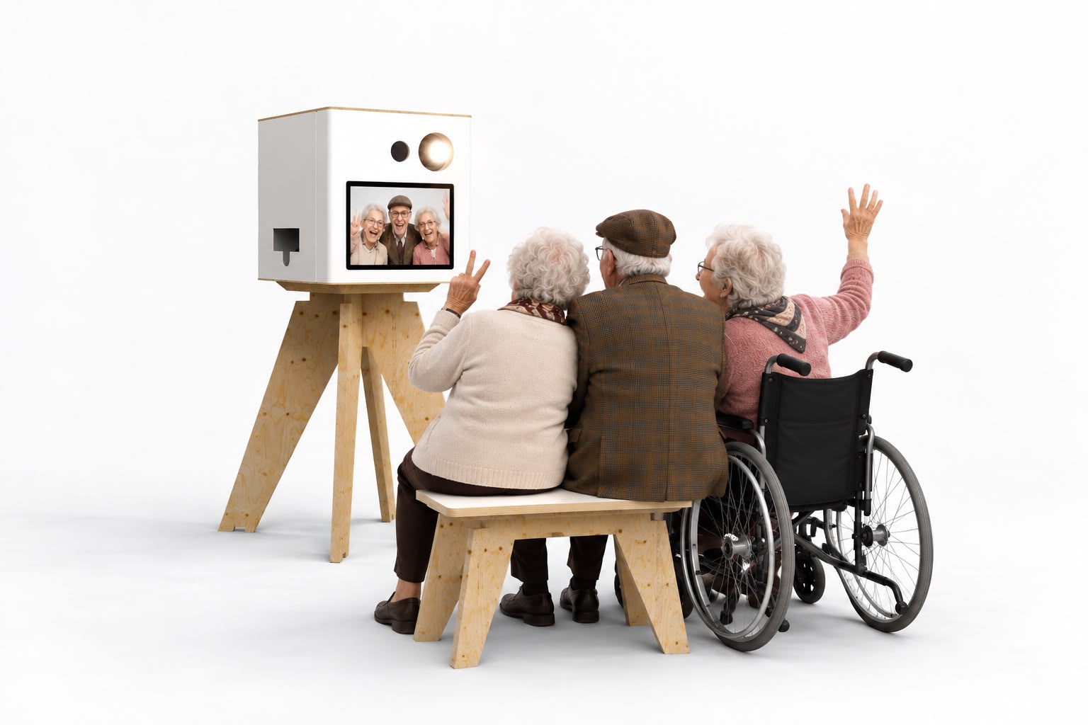 Drie bewoners poseren samen voor de Ondia-fotobooth