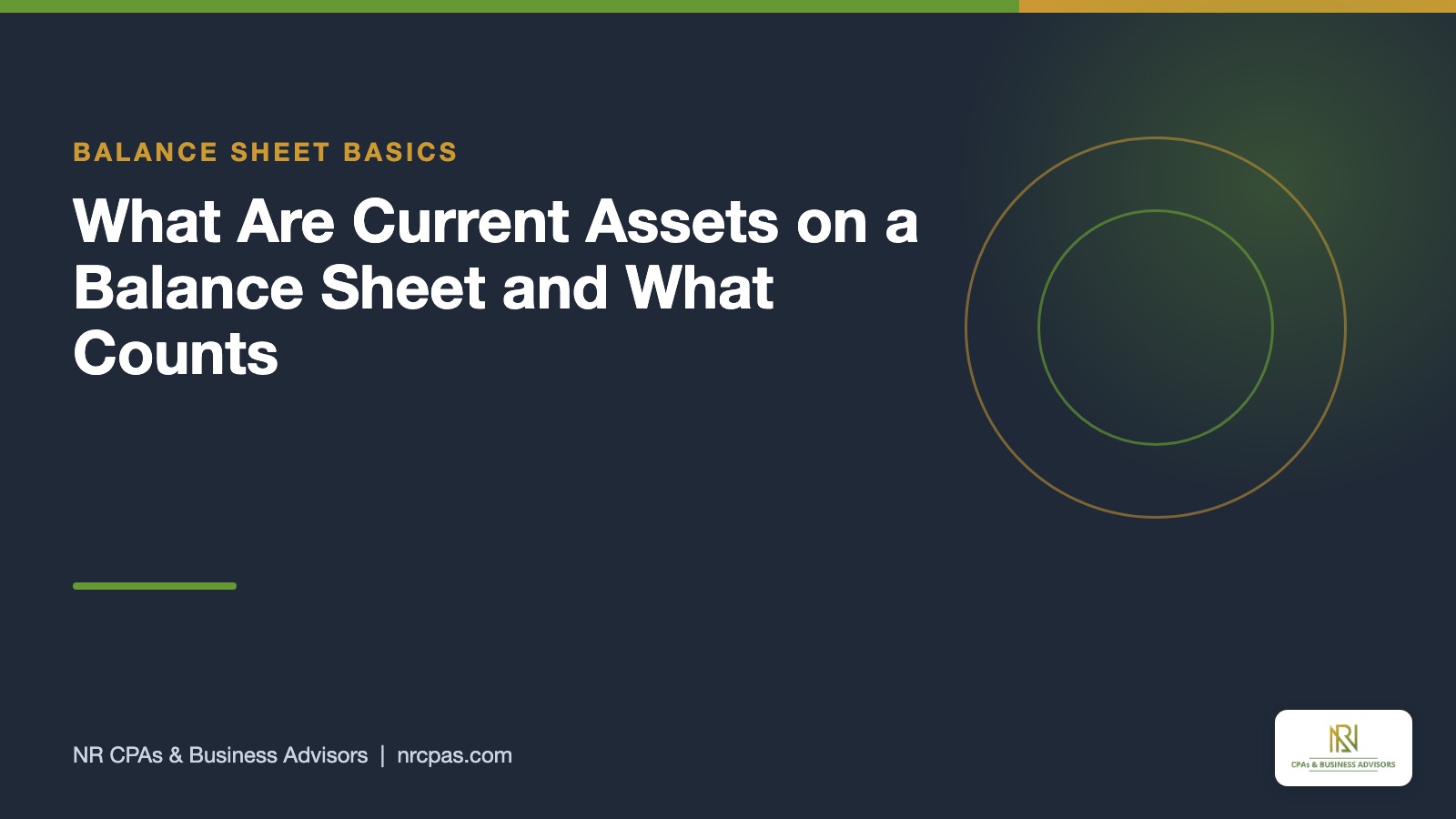 Current assets on a balance sheet featured graphic with NR CPAs branding, cash, receivables, inventory and the current ratio