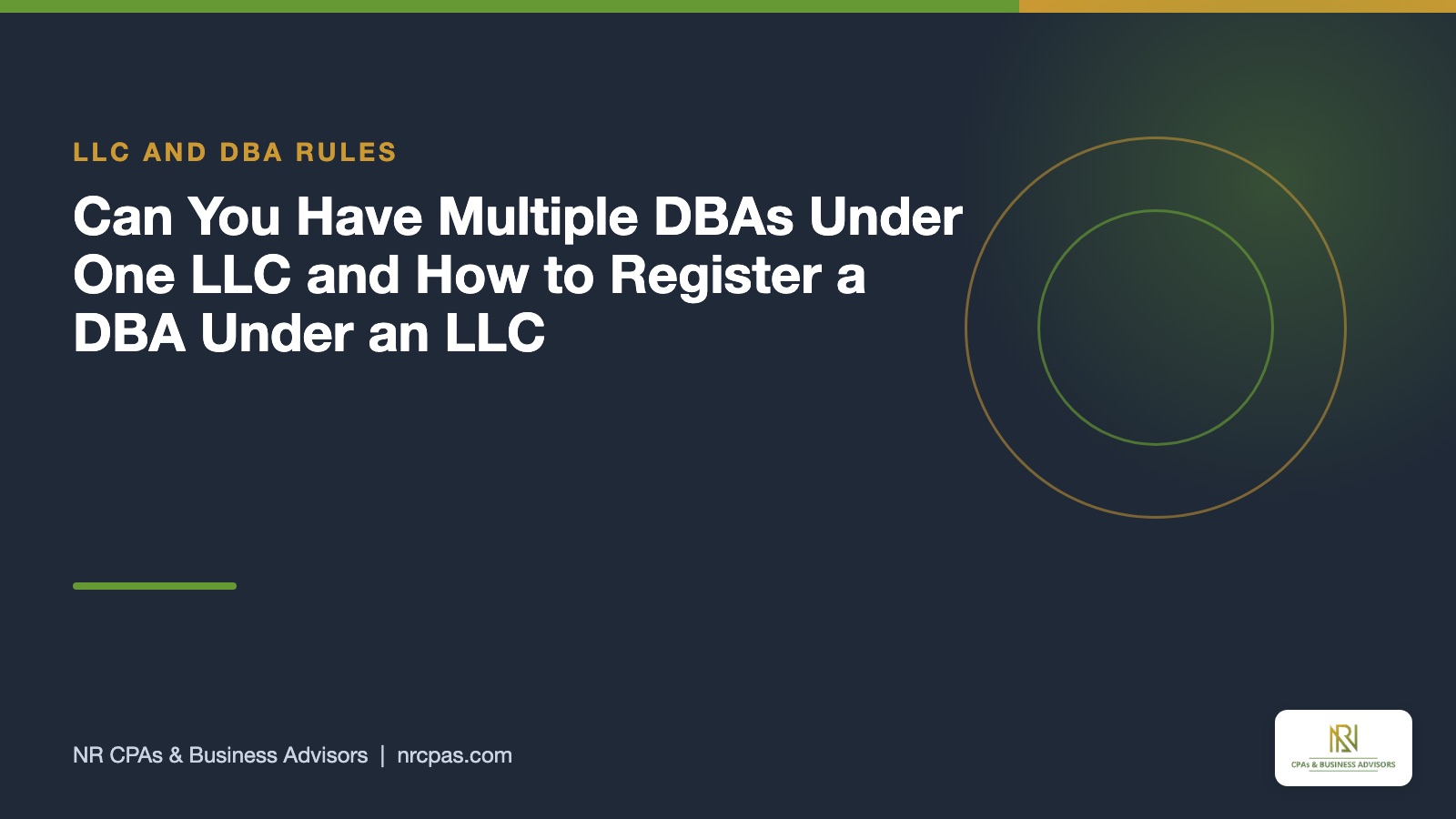 How to register a DBA under an LLC featured graphic with NR CPAs branding, trade name filing, one EIN and multiple DBAs