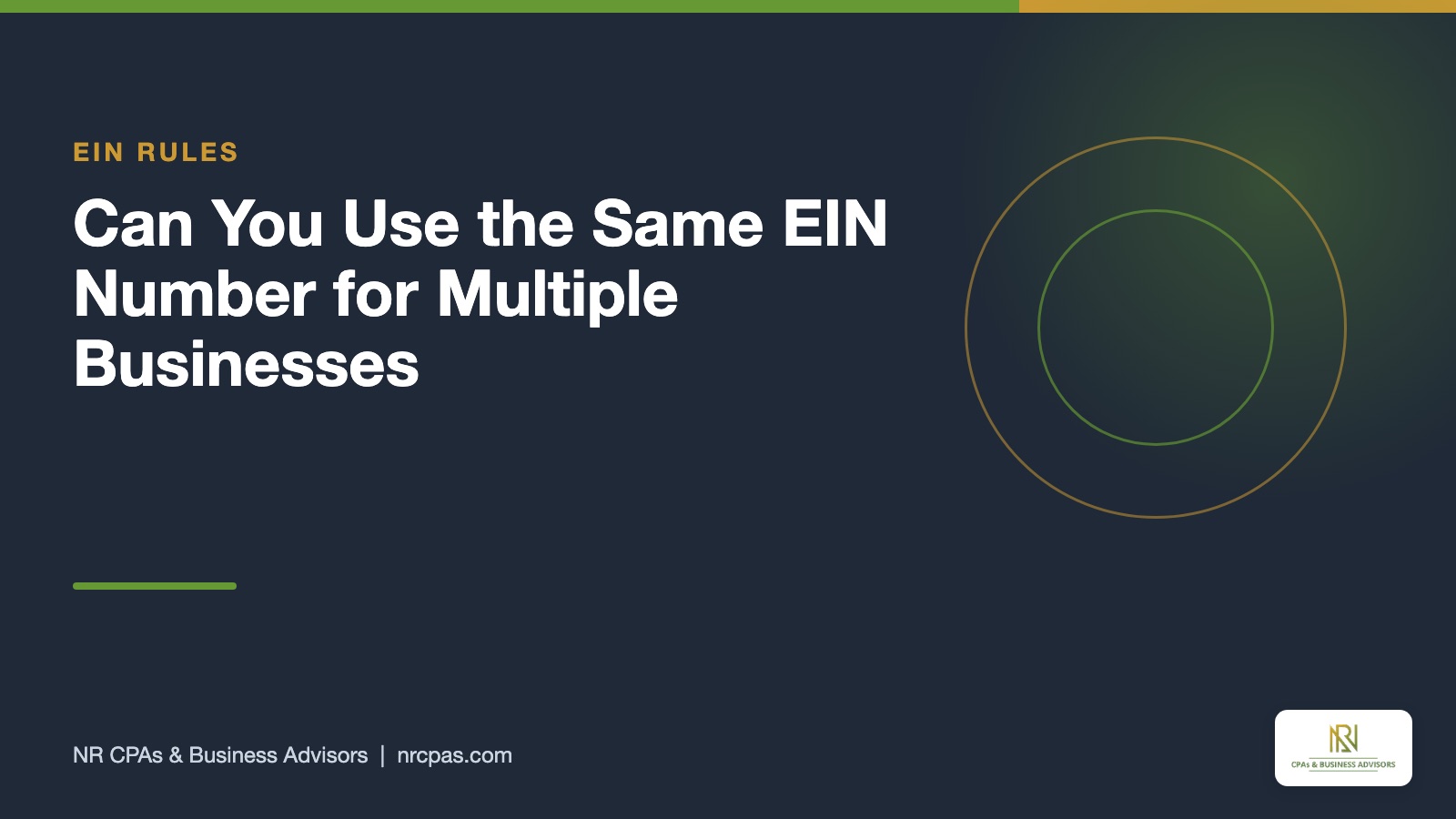 Same EIN for multiple businesses featured graphic with NR CPAs branding, separate entities, sole proprietors and new EIN rules