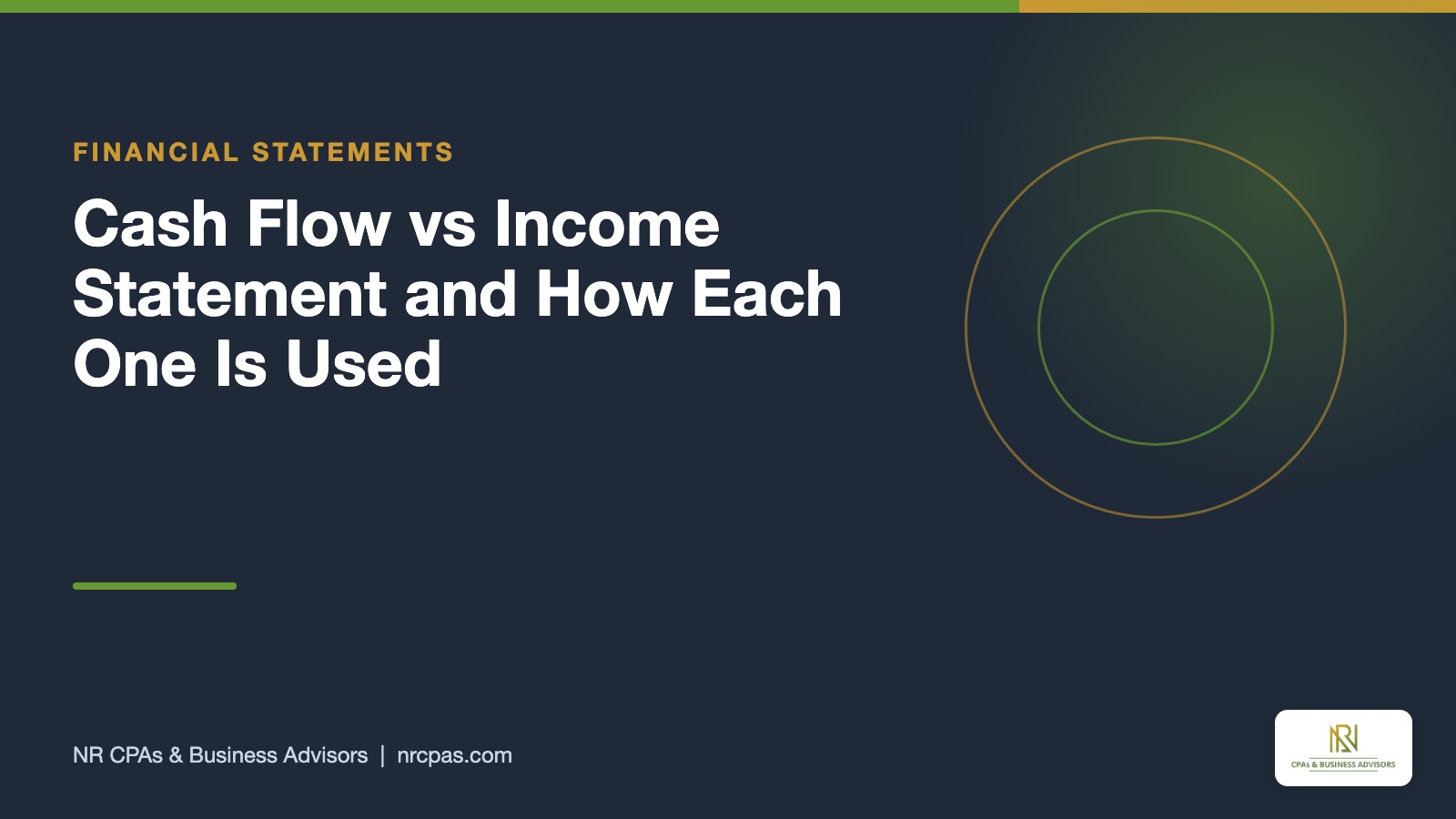 Cash flow vs income statement featured graphic with NR CPAs branding, accrual profit compared with cash movement and net change in cash