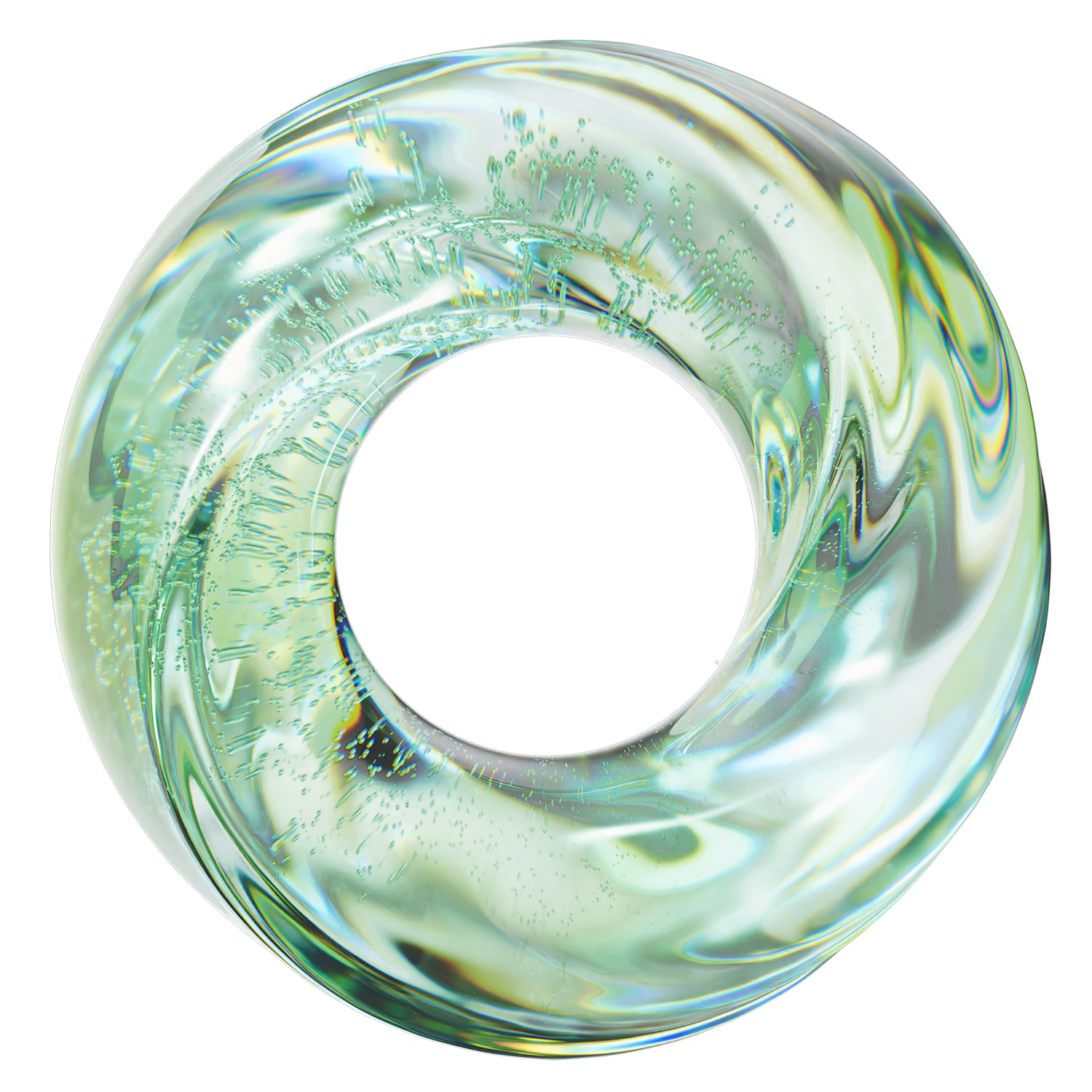 Glossy translucent green glass ring with swirling light reflections and bubbles inside.