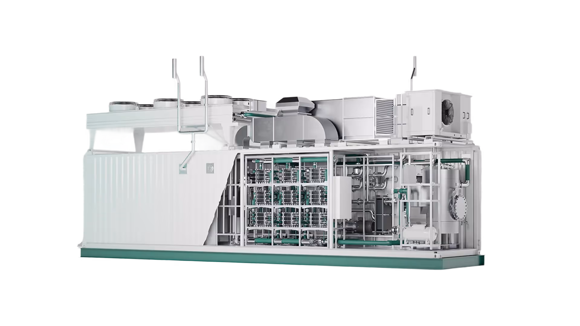 Large industrial modular hydrogen generator system with pipes, fans, and control units.
