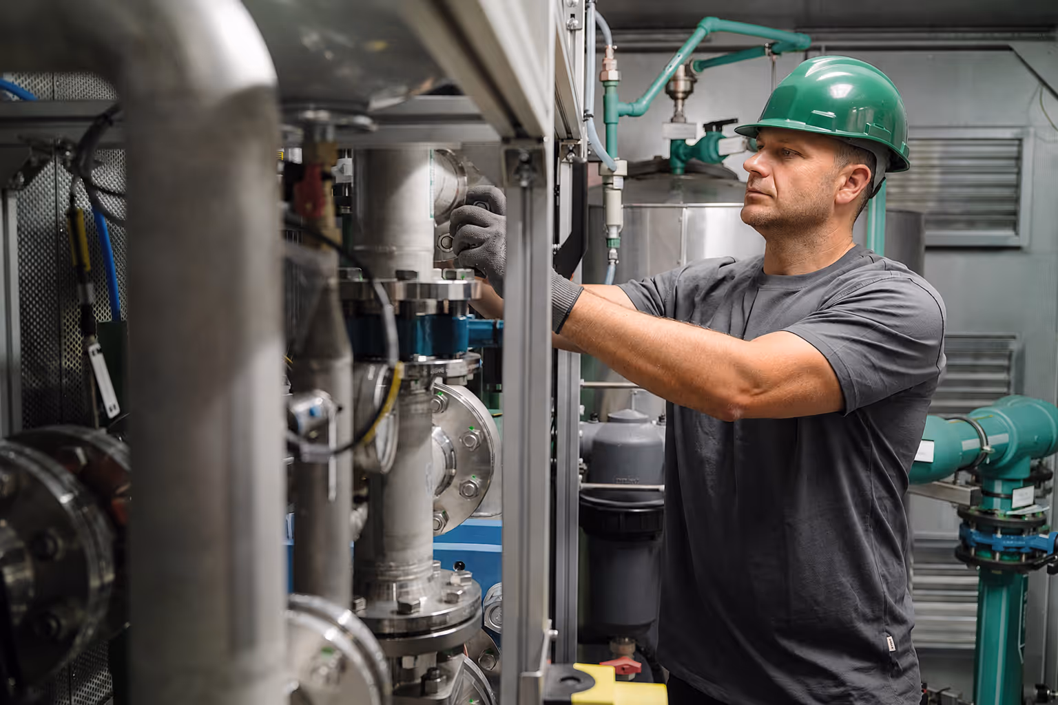 Male technician in green hard hat working on industrial pipes and machinery in a plant.