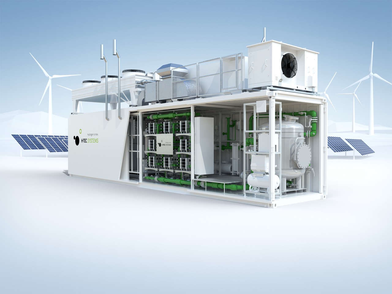Der 1 Megawatt PEM-Elektrolyseur ME450 von H-TEC SYSTEMS ist Teil eines innovativen H2-Pilotprojekts in der Stadt Sevilla. ©H-TEC SYSTEMS