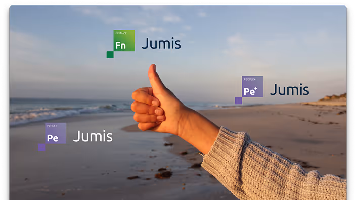 A hand giving a thumbs-up on a beach, with Jumis product logos in the background.