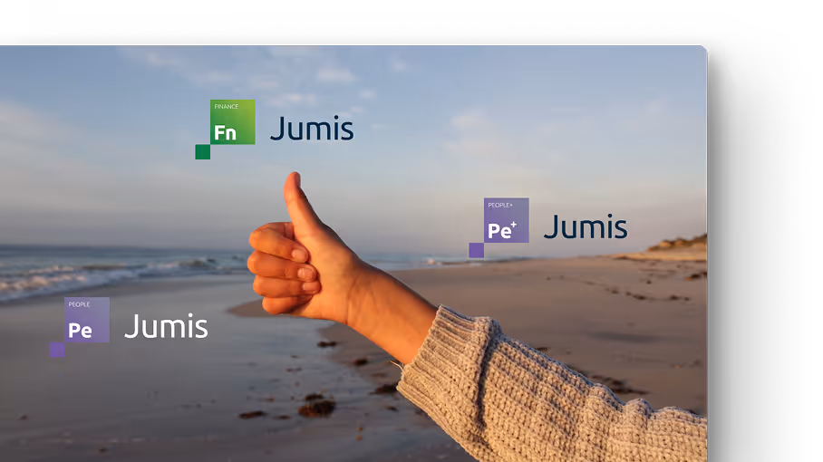 A hand giving a thumbs-up on a beach, with Jumis product logos in the background.