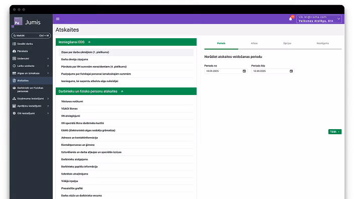 The EDS platform with a reporting period selection for a report on employee and individual data.