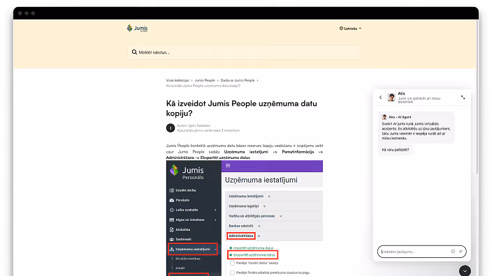 Screenshot of the Jumis People guide to creating company data backups, with chat support available.
