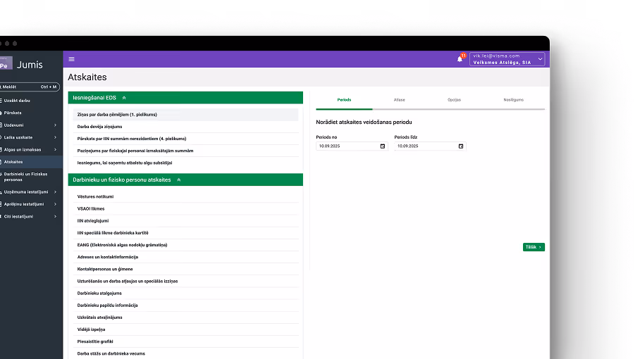 The EDS platform with a reporting period selection for a report on employee and individual data.