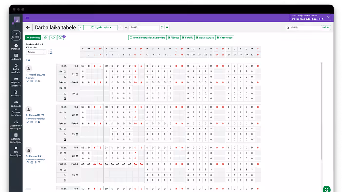 A timesheet showing employee working hours and markers in calendar format for May 2025.