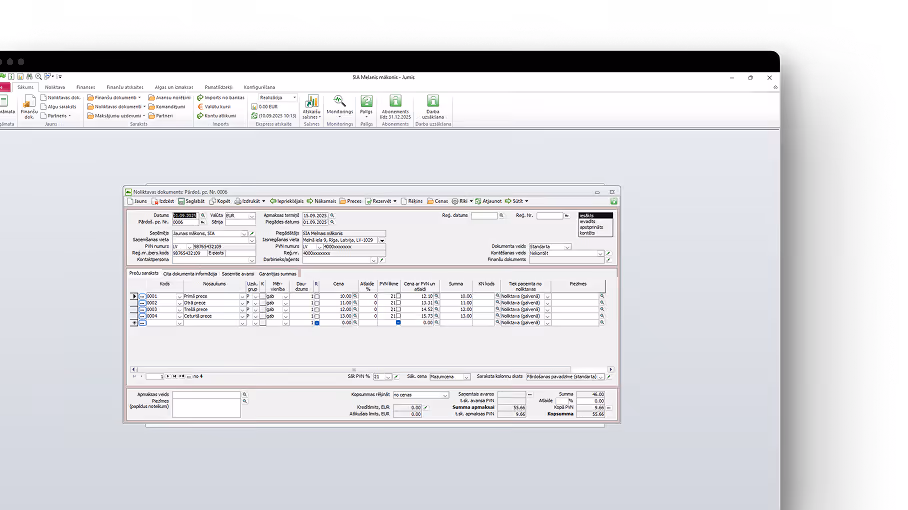 A view of the Jumis software showing data tables.
