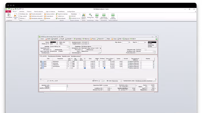 A view of the Jumis software showing data tables.