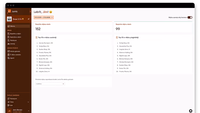Jumis Envoice informācijas panelis ar nosūtīto un saņemto e-rēķinu pārskatu.