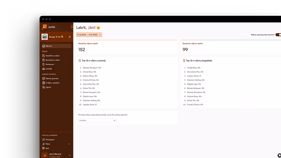 Jumis Envoice informācijas panelis ar nosūtīto un saņemto e-rēķinu pārskatu.