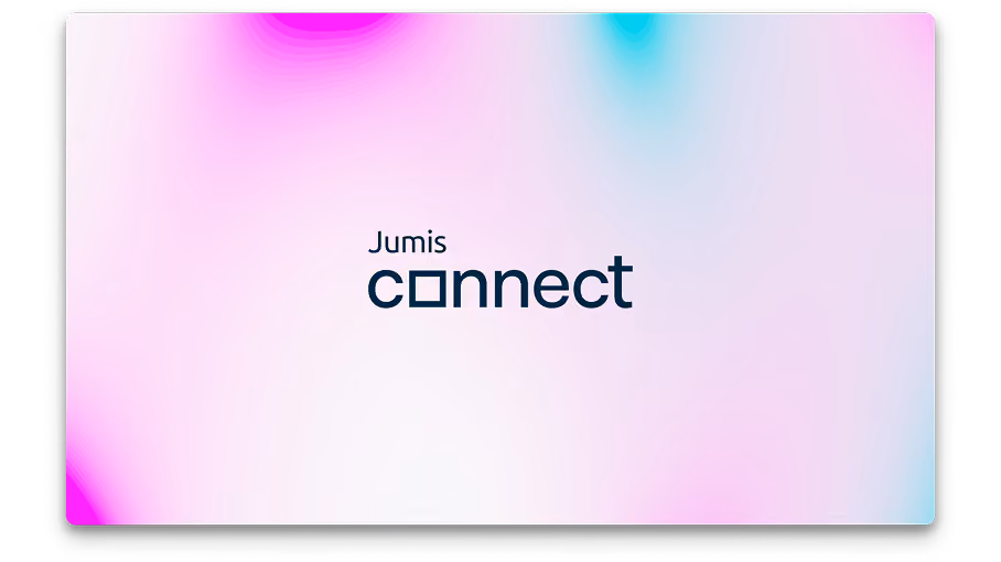 Jumis Connect logo uz rozā, zila un balta fona.