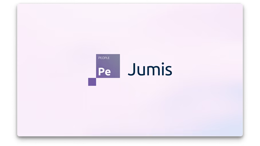 Jumis People produkta logo uz balti violēta fona.