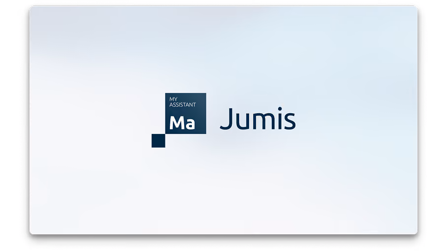 Jumis My Assistant produkta logo uz balti zila fona.