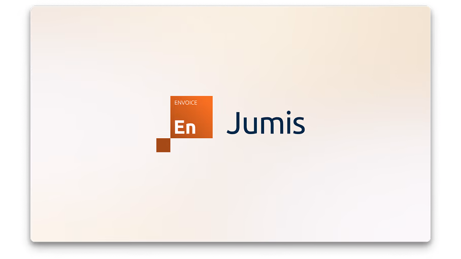 Jumis Envoice produkta logo uz balti dzeltena fona.