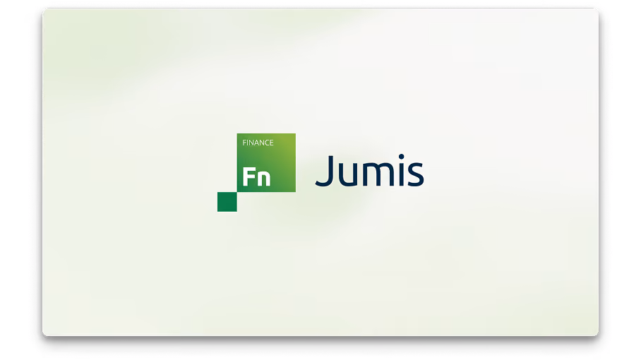 Jumis Finance produkta logo uz balti zaļa fona.