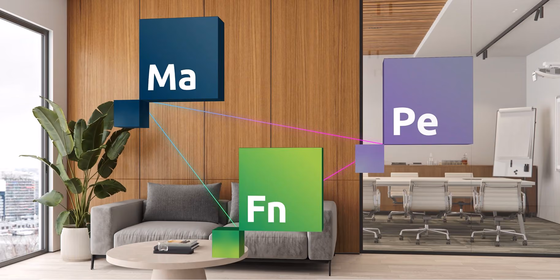 Jumis product logos - Ma, Fn, Pe - shown as connected spaces, visualising how the products integrate with one another.