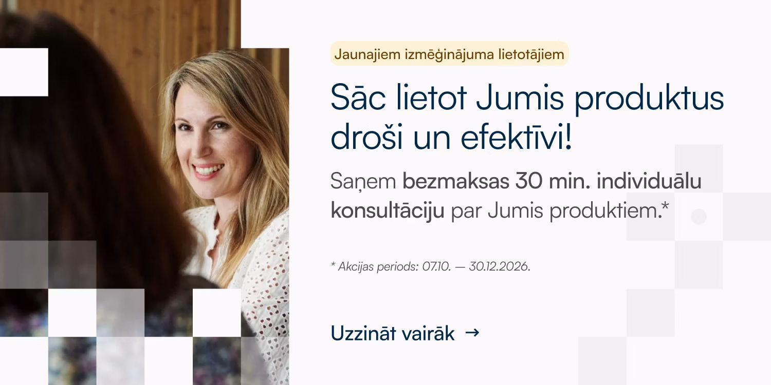 Jumis individuālās konsultācijas piedāvājums ar konsultantes attēlu un informāciju par bezmaksas 30 minūšu konsultāciju jaunajiem izmēģinājuma lietotājiem.