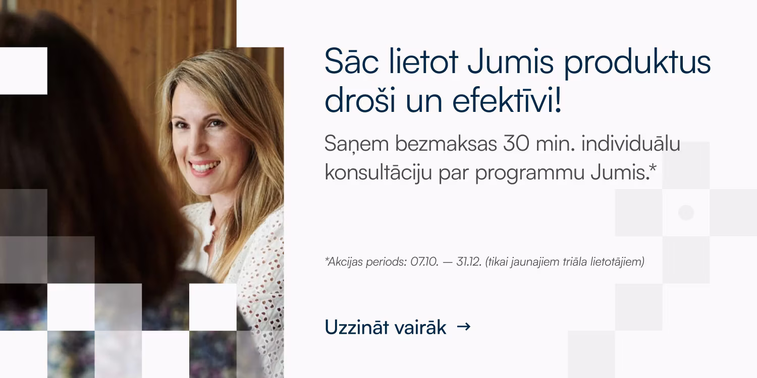 Jumis individuālās konsultācijas piedāvājums ar konsultantes attēlu un informāciju par bezmaksas 30 minūšu konsultāciju jaunajiem izmēģinājuma lietotājiem.