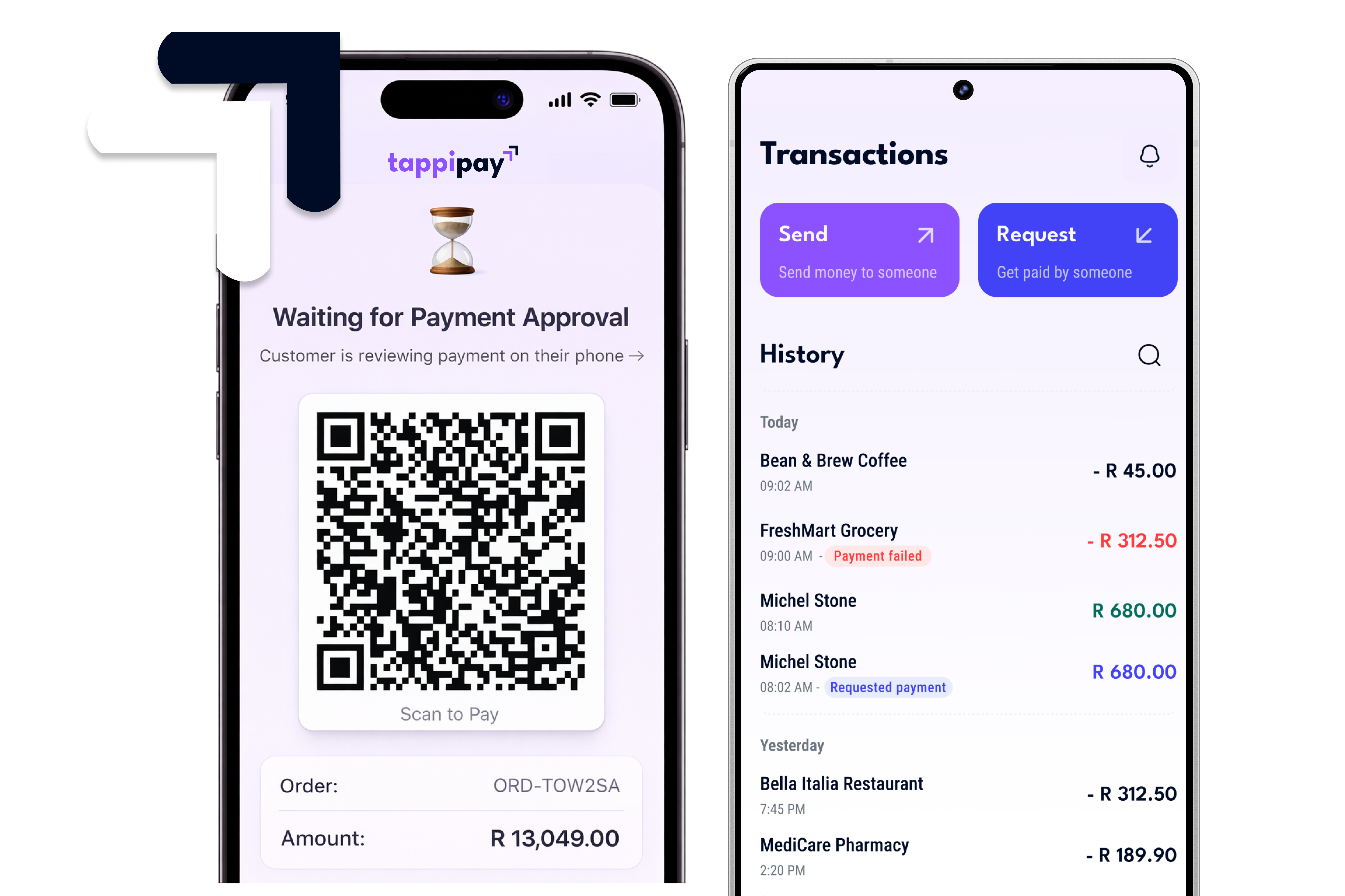 Mobile screens showing Tappipay payment app with QR code for payment approval and transaction history including sends, requests, and payment statuses.