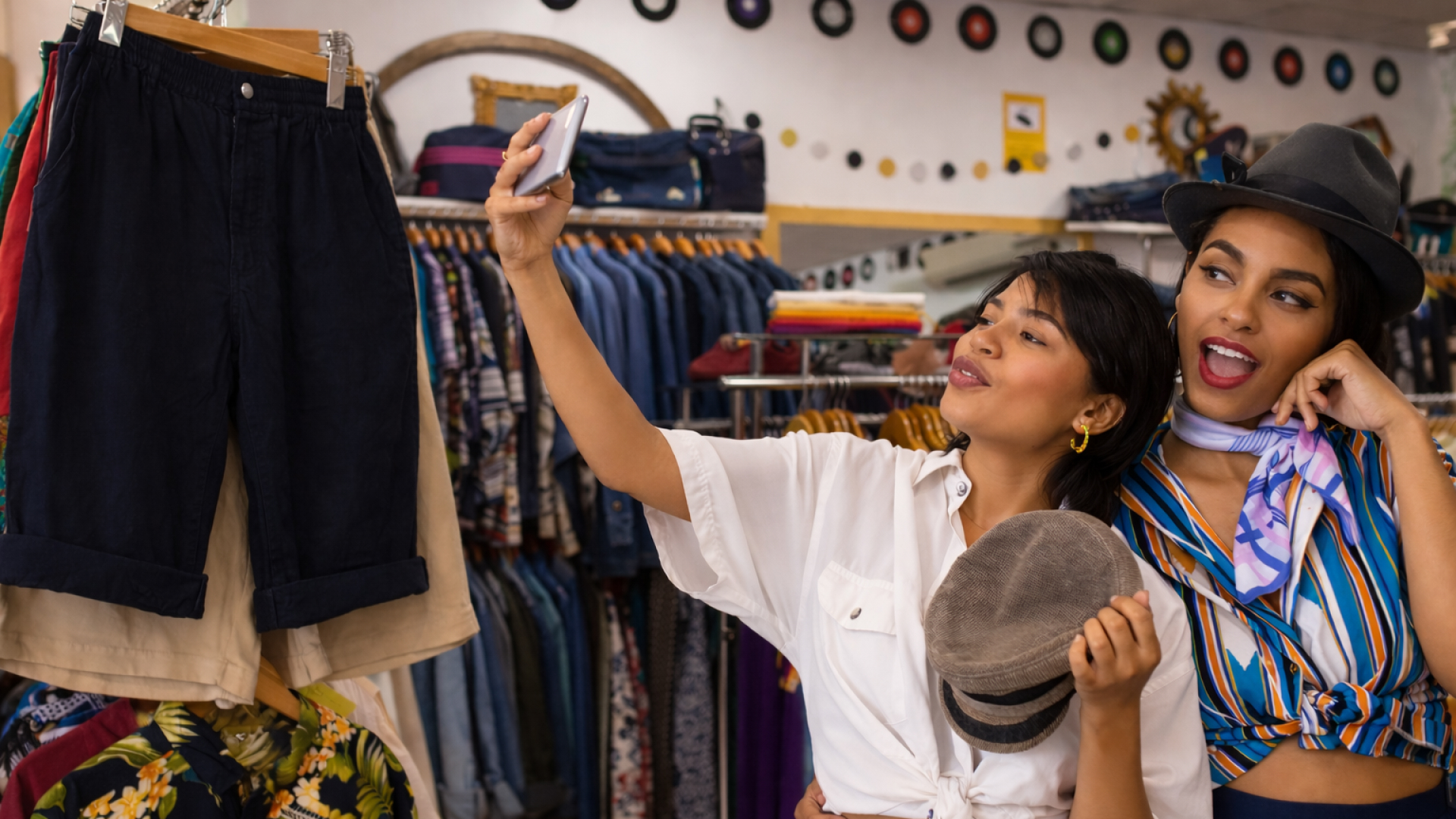 Two women in a clothing store taking a selfie, one holding a hat and the other wearing a hat and colorful striped shirt.