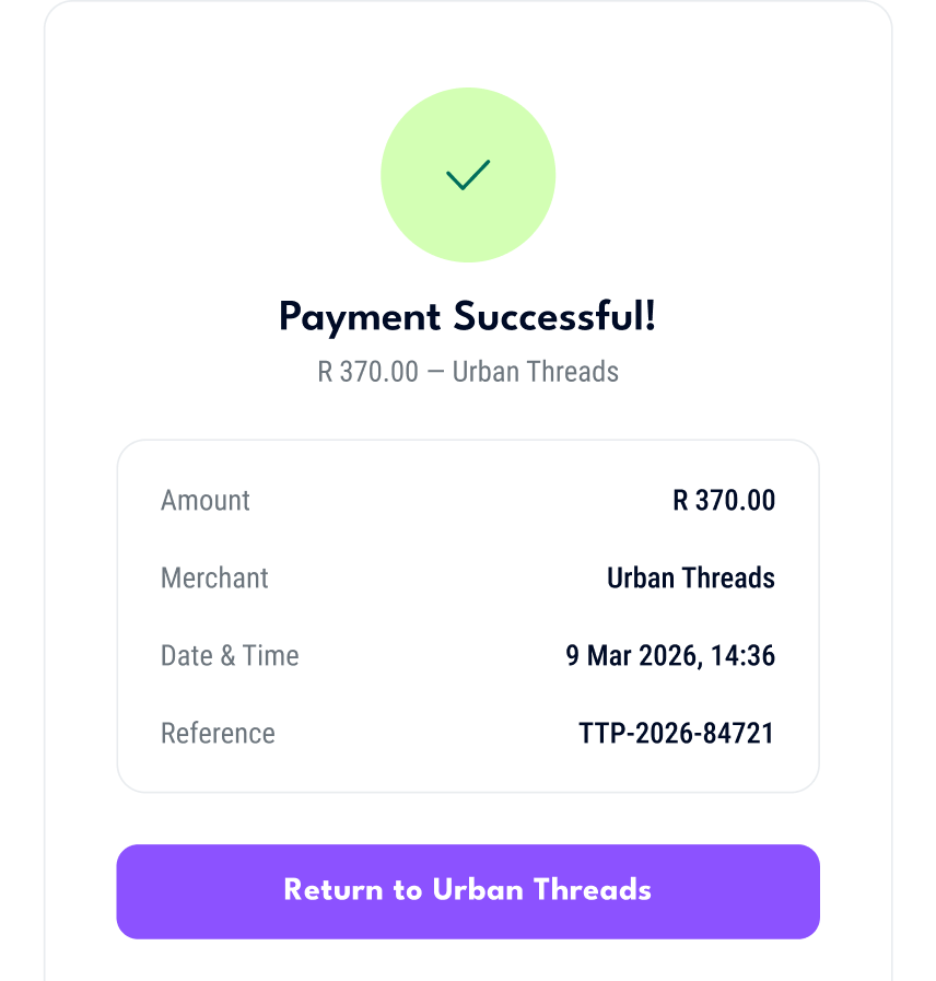 Payment successful confirmation showing R 370.00 paid to Urban Threads on 9 Mar 2026 at 14:36 with reference TTP-2026-84721.