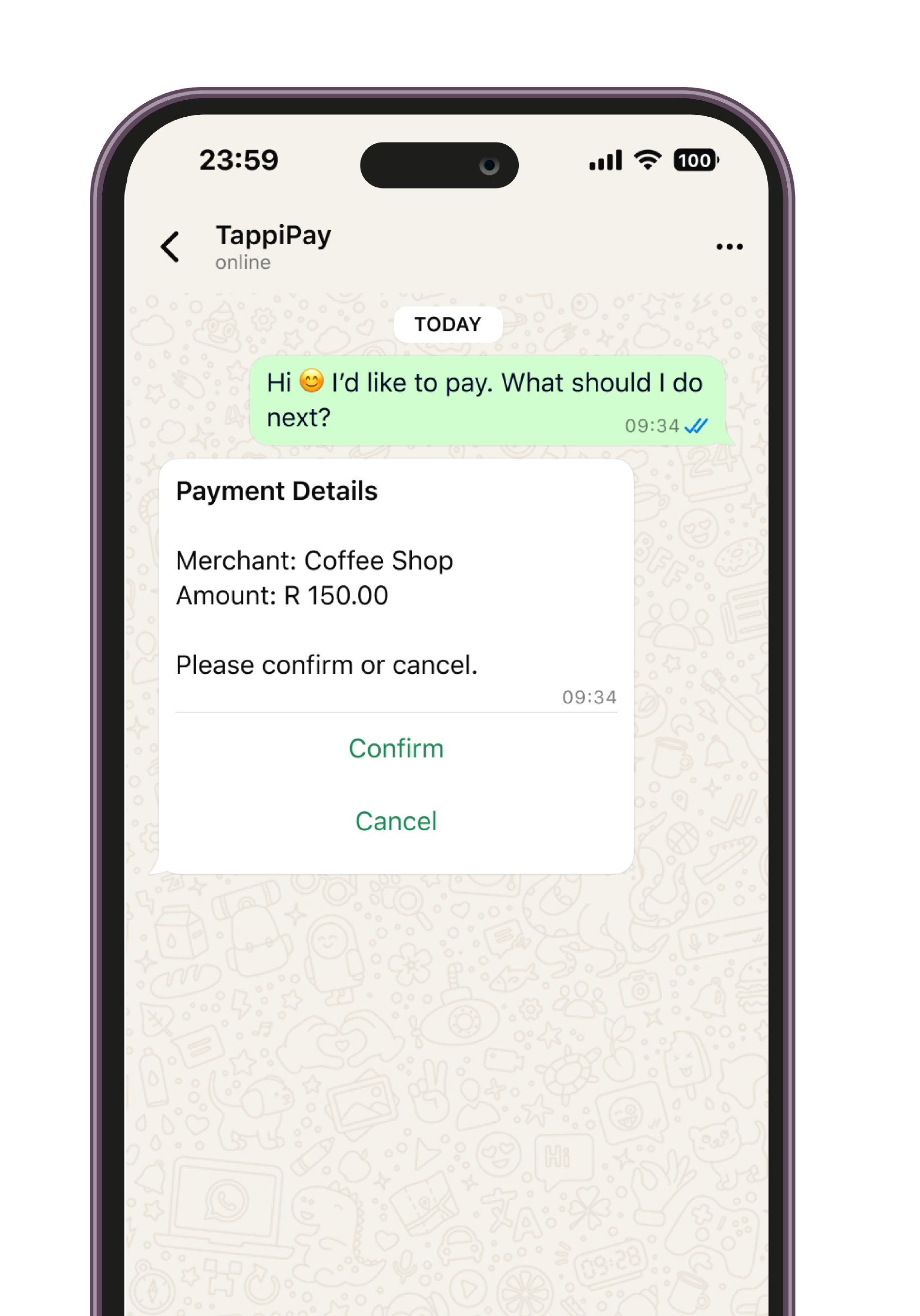 Phone screen showing transaction details: a successful payment of 45 South African Rand to Bean & Brew Coffee on 4 Mar 2026 at 09:02 AM using ABSA card ending 4821, with a reference number TXN-20260304-0A7F3B.