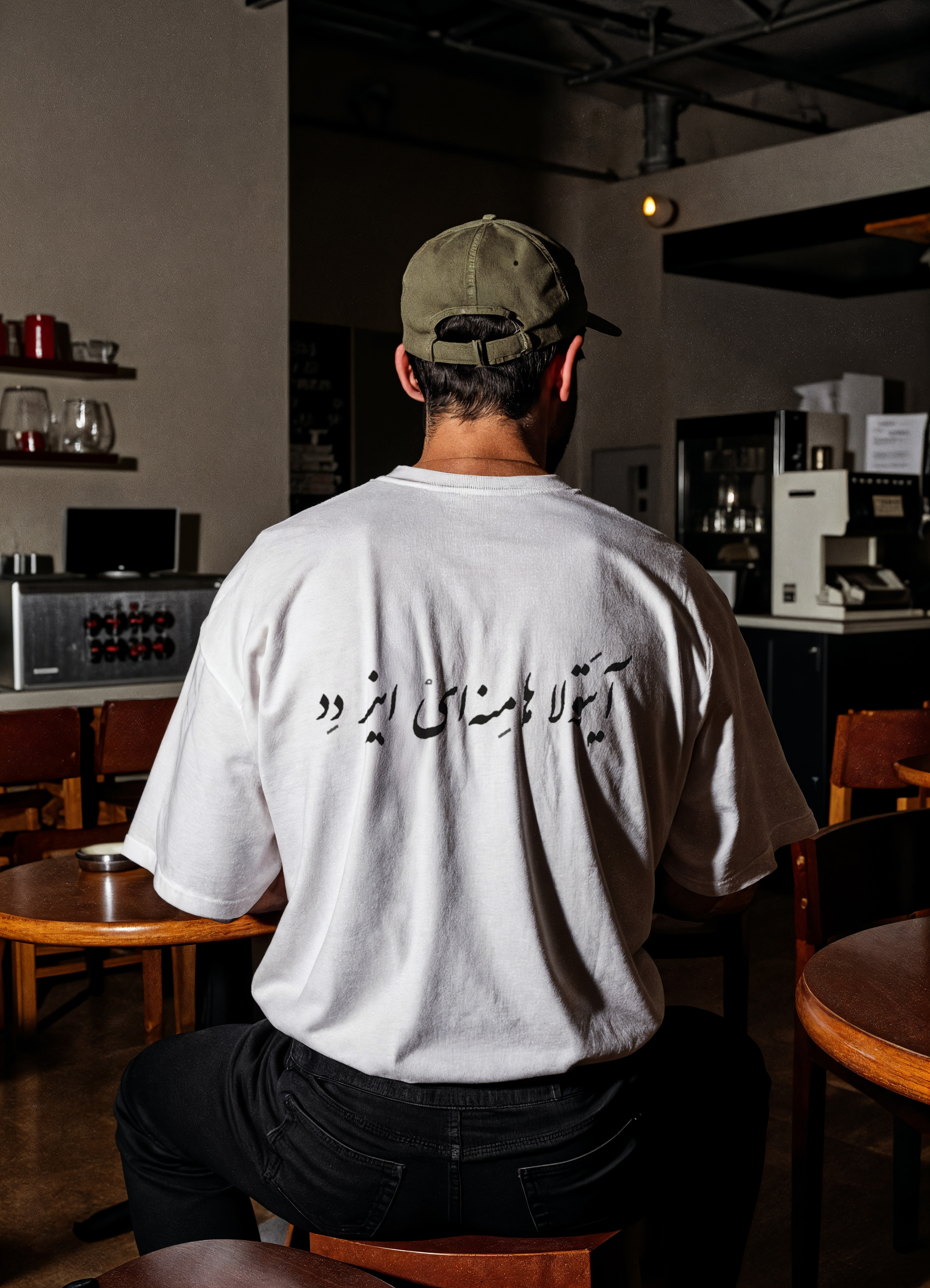 This design features a Persian phrase printed across the back: Ayatollah Khamenei is dead. The text is styled in a minimal, handwritten Persian script, giving it a raw and direct visual presence