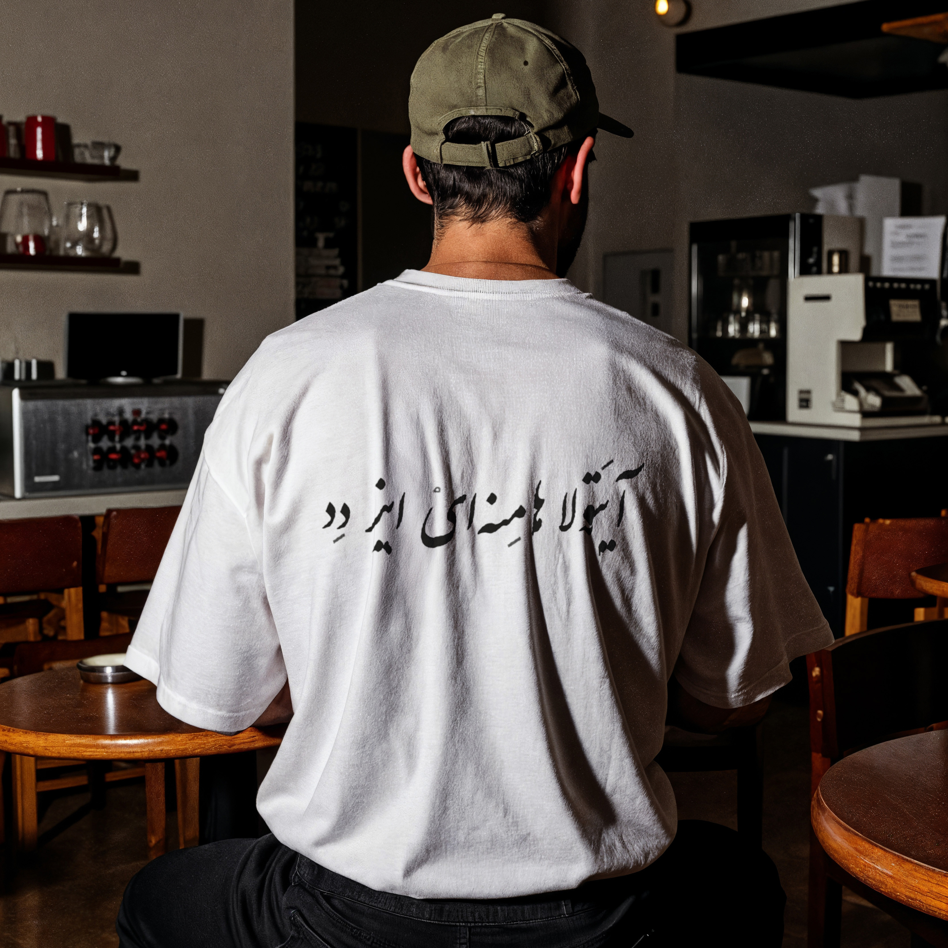 This design features a Persian phrase printed across the back: Ayatollah Khamenei is dead. The text is styled in a minimal, handwritten Persian script, giving it a raw and direct visual presence