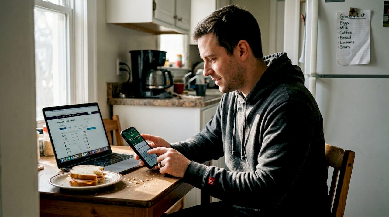 Man checks match notifications in kitchen