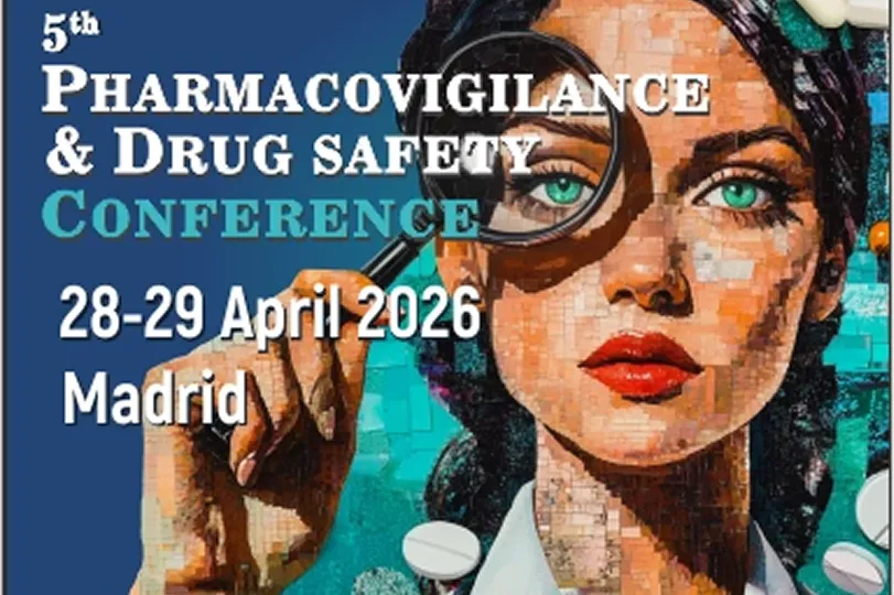 Poster for 5th Pharmacovigilance & Drug Safety Conference with event dates 28-29 April 2026 and location Madrid, featuring an artistic mosaic-style illustration of a woman holding a magnifying glass over her eye with scattered pills.