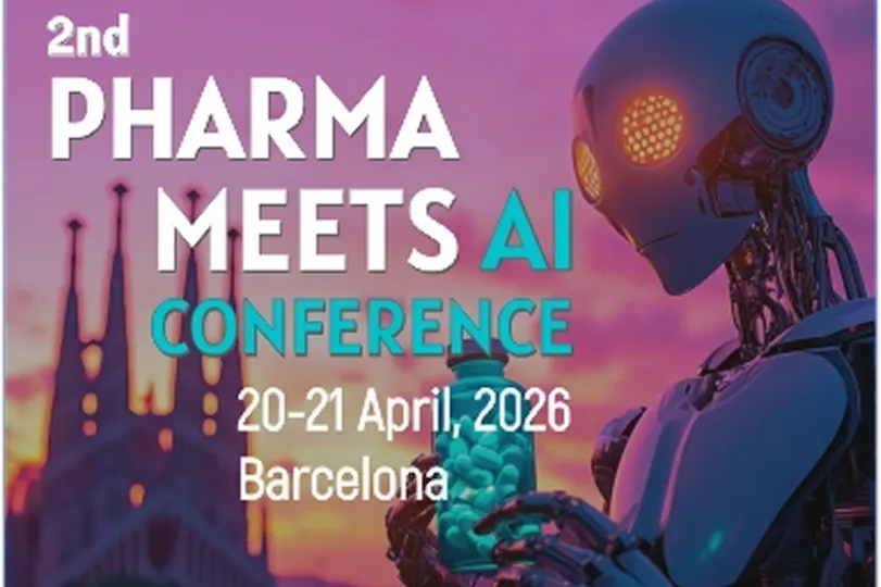 Promotional graphic for the 2nd Pharma Meets AI Conference on 20-21 April 2026 in Barcelona, featuring a robot holding a bottle of pills against a sunset background.
