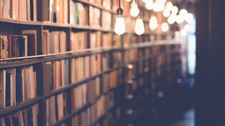 Close-up of the top edges and bindings of seven worn hardcover books standing upright in a row.