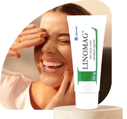 Uśmiechnięta kobieta z zamkniętymi oczami obok tubki kremu LINOMAG wysokiej jakości, 30 g.