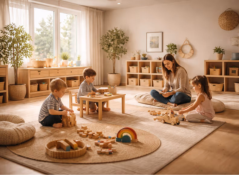 Three young children playing with wooden toys on rugs in a bright, cozy classroom with an adult woman reading a book nearby.