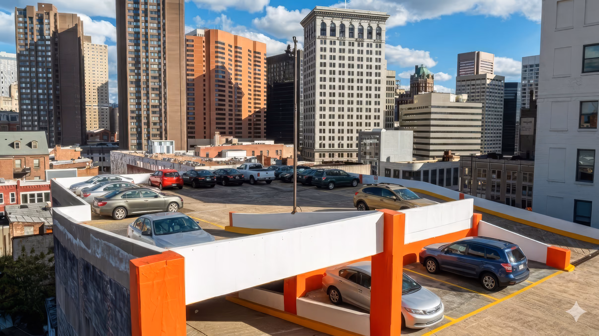 Rooftop parking lot with cars and tall city buildings under a partly cloudy sky.