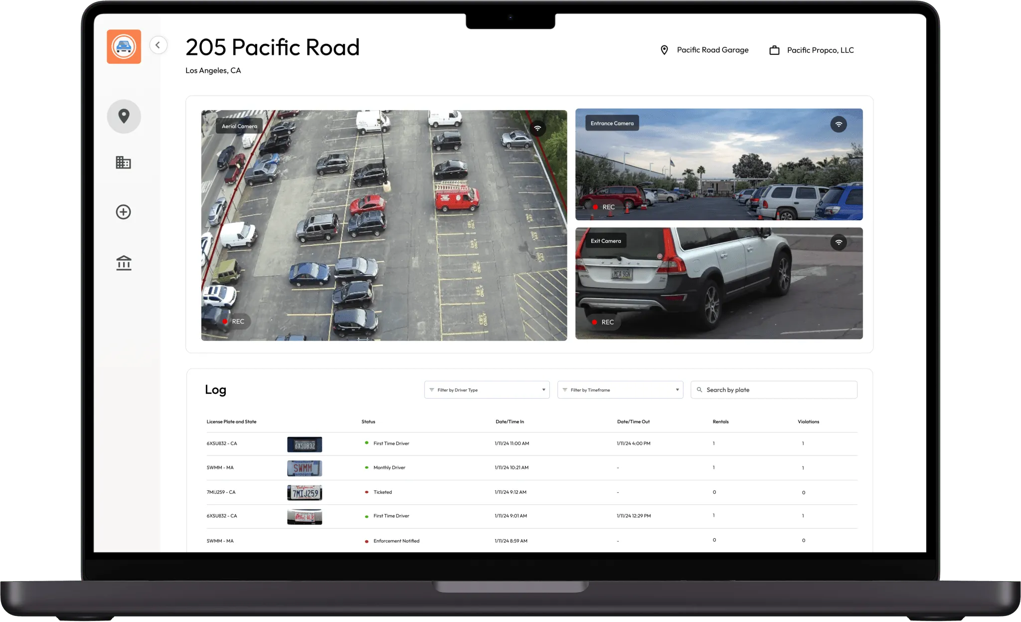 Parking management dashboard showing live parking lot cameras and vehicle log with license plates and statuses.