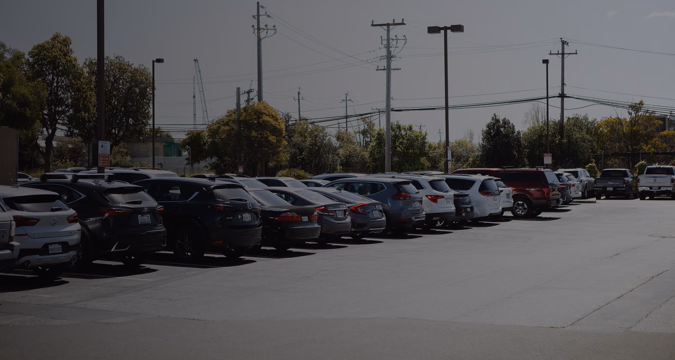 Row of cars parked in an outdoor parking lot with utility poles and trees in the background