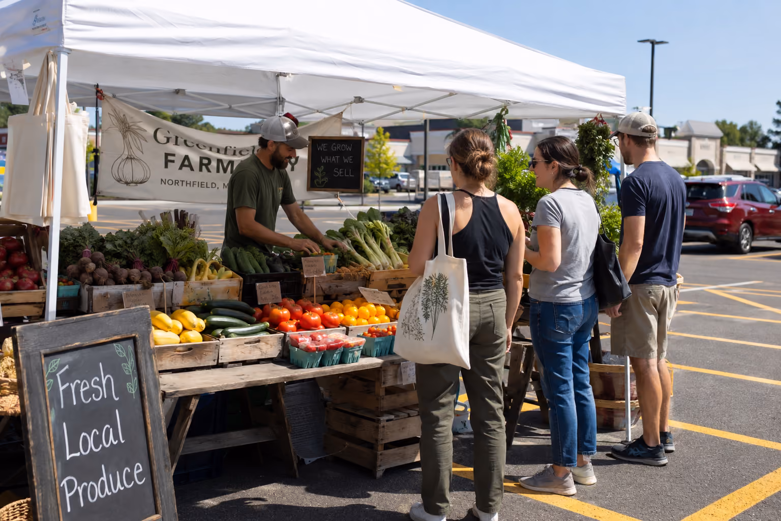 Customers browsing fresh vegetables at a local farmers market produce stand