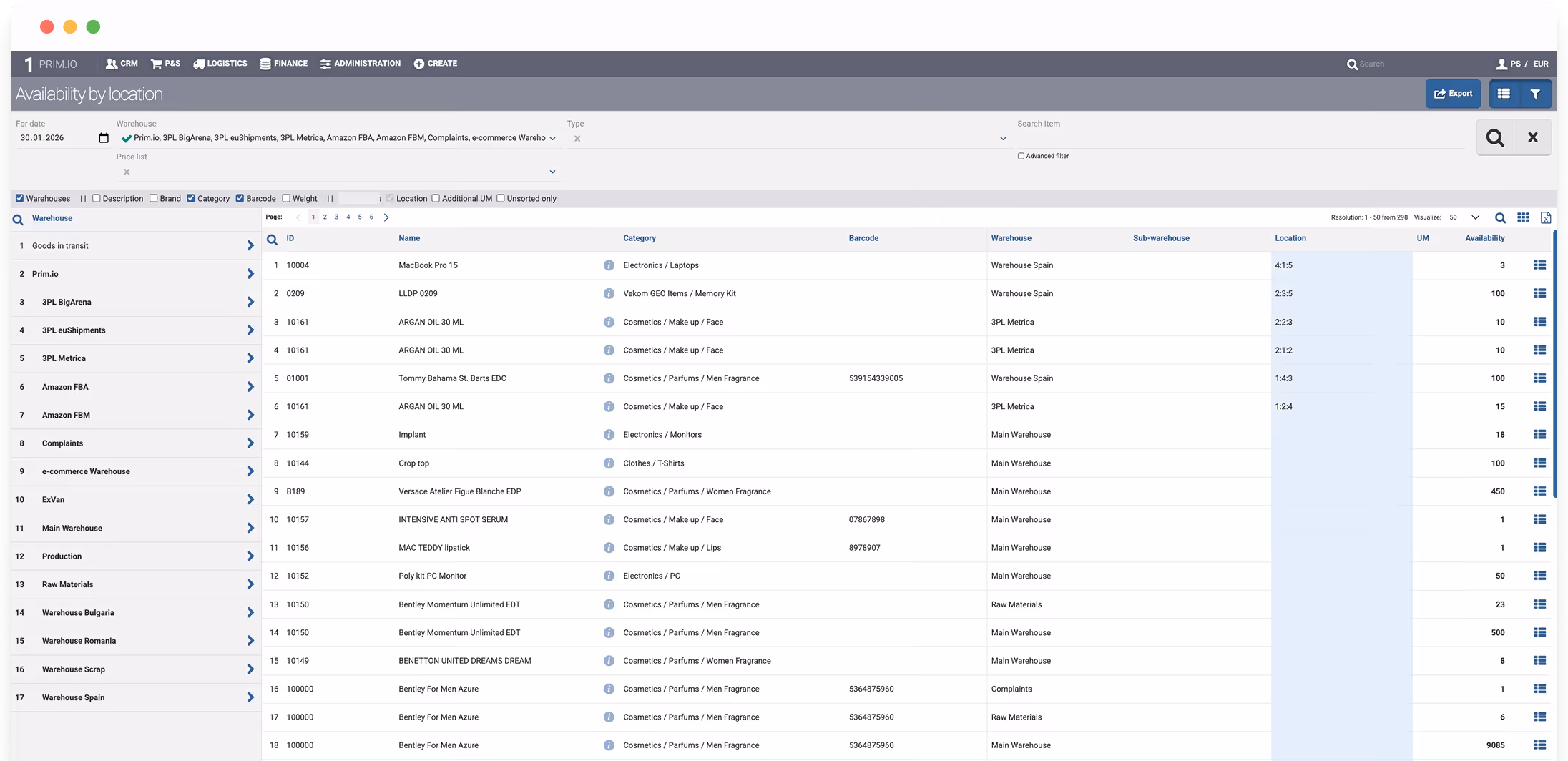 Inventory availability by location in warehouse management software showing items, categories, locations, and stock.