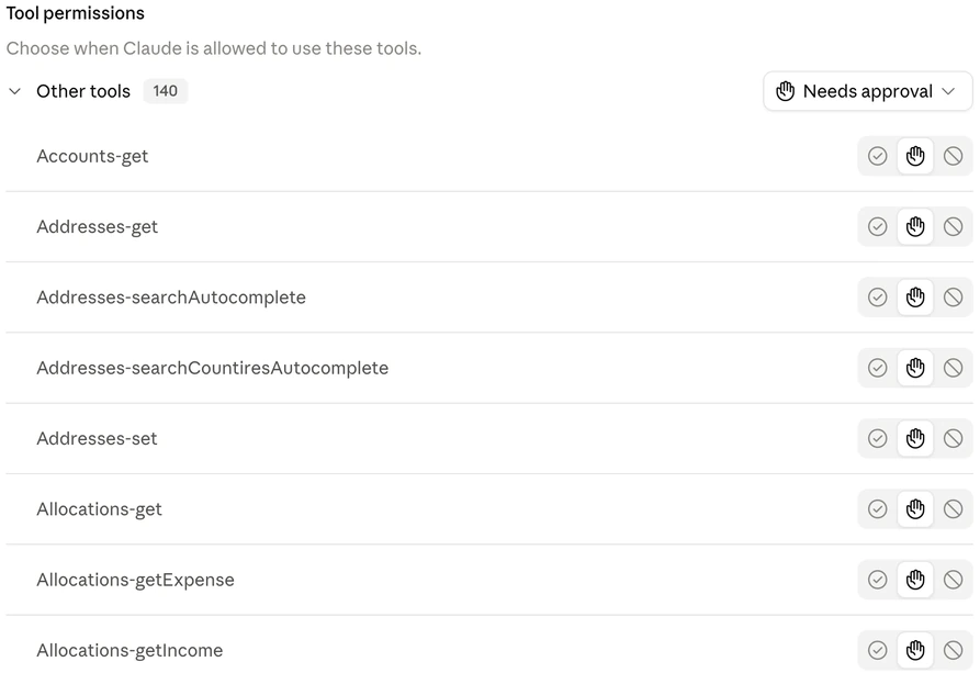 Claude's tool-permissions list for a connected Prim server, showing account, address and allocation tools with approval controls.