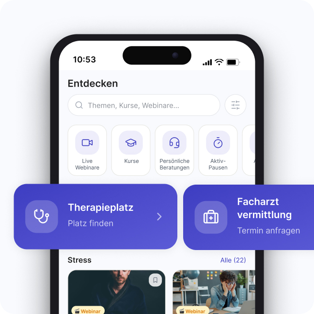 Smartphone-Bildschirm zeigt eine Gesundheits-App mit Suchfunktion, Kategorien wie Live-Webinare, Kurse, persönliche Beratungen, und Buttons für Therapieplatz finden und Facharztvermittlung.