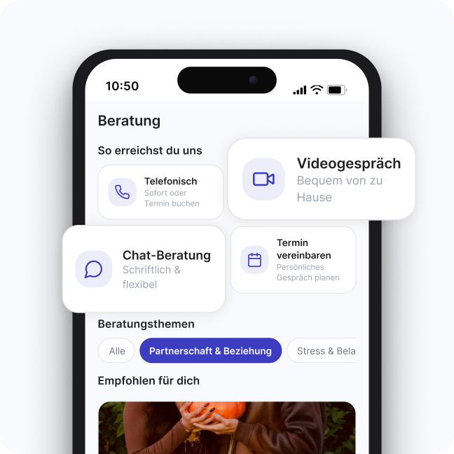 Screenshot einer Beratungs-App mit Optionen wie Telefonisch, Videogespräch, Chat-Beratung und Termin vereinbaren, dazu Themenfilter für Partnerschaft & Beziehung.