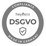 Rundes DSGVO-Compliance-Siegel mit Text 'heyData', Schildsymbol und Aufschrift 'Made in Germany'.